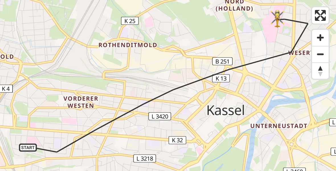 Flugroute Rettungshubschrauber Kassel - Kassel, 26 Juli 2026, 14:19