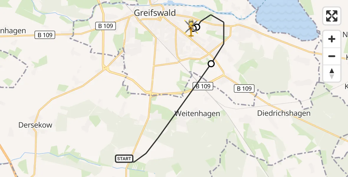 Flugroute Rettungshubschrauber Weitenhagen - Greifswald Hospital, 26 Juli 2026, 14:19