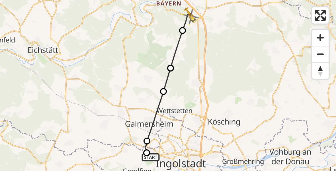 Flugroute Rettungshubschrauber Ingolstadt Hospital - Denkendorf, 26 Juli 2026, 14:21