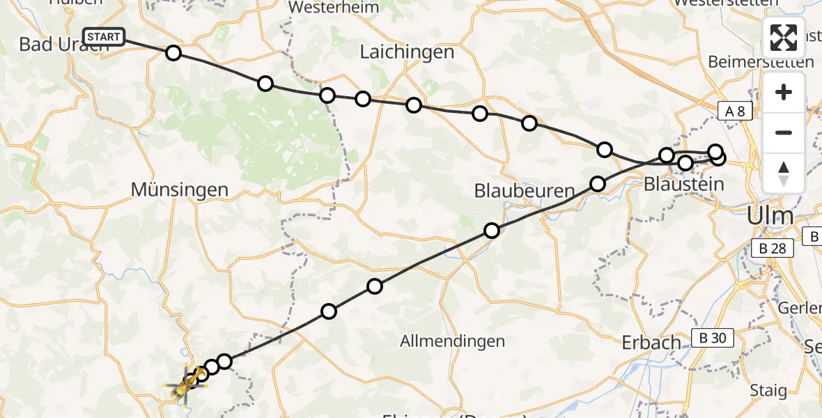Flugroute Rettungshubschrauber Bad Urach - Hayingen, 26 Juli 2026, 14:22