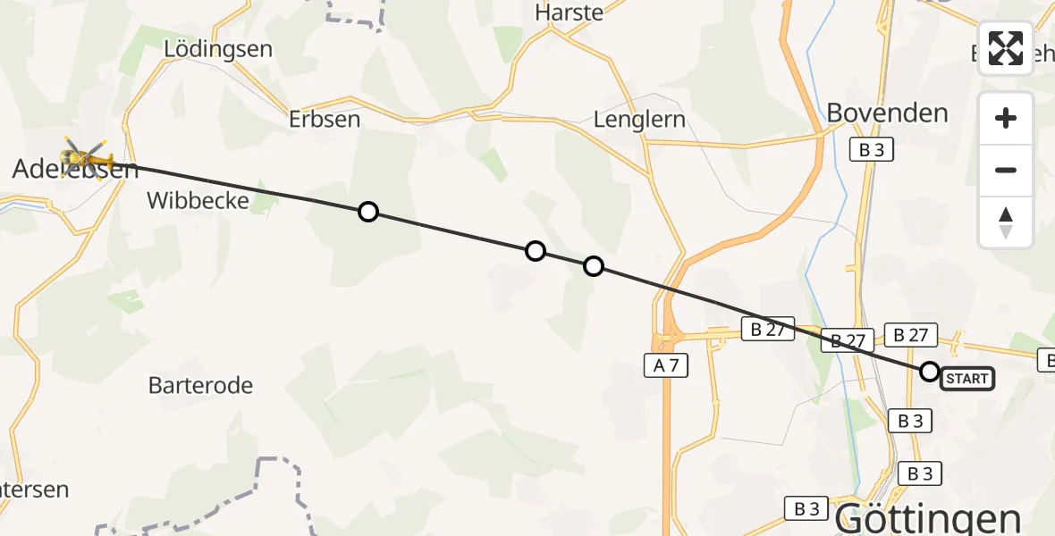 Flugroute Rettungshubschrauber Göttingen University Clinic Hubschrauberlandeplatz - Adelebsen, 26 Juli 2026, 14:22