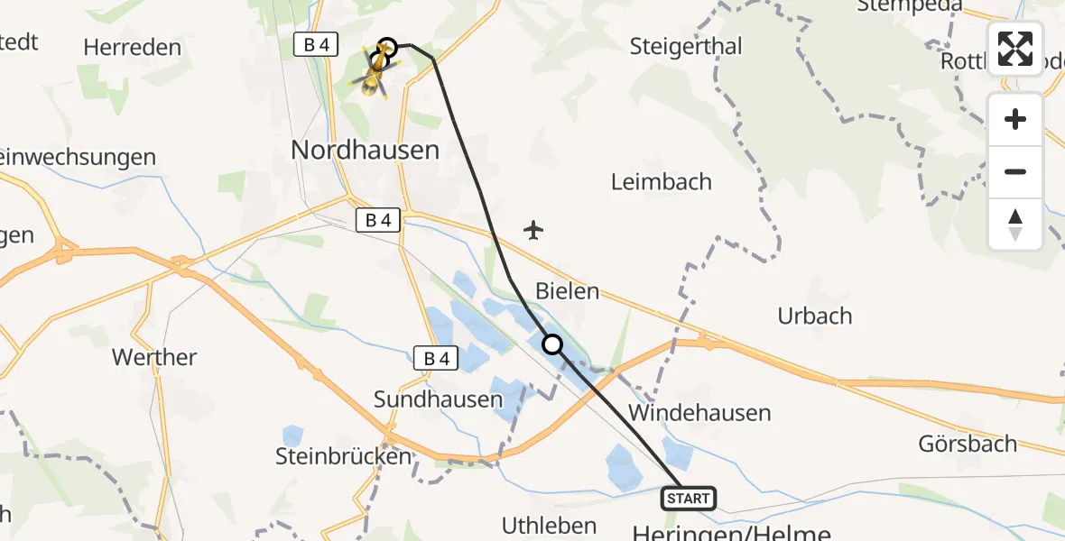 Flugroute Rettungshubschrauber Heringen/Helme - Südharz Hospital Nordhausen, 26 Juli 2026, 14:23