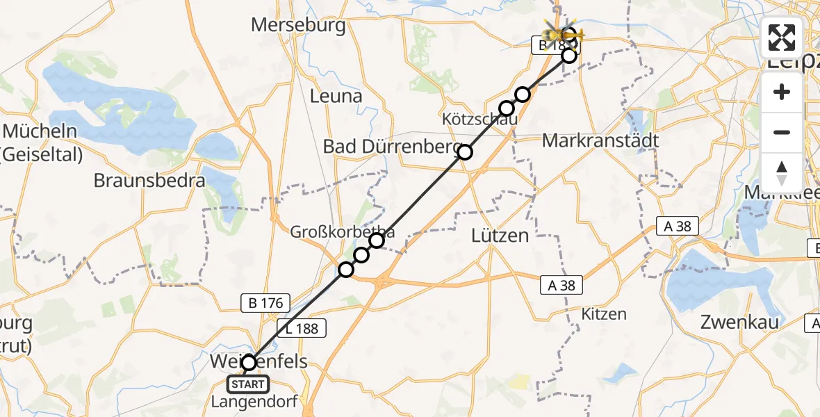 Flugroute Rettungshubschrauber Asklepios Clinic Weißenfels - ADAC Air Rescue Station Leipzig/Schkeuditz-Dölzig Hubschrauberlandeplatz (Christoph 61), 26 Juli 2026, 14:23
