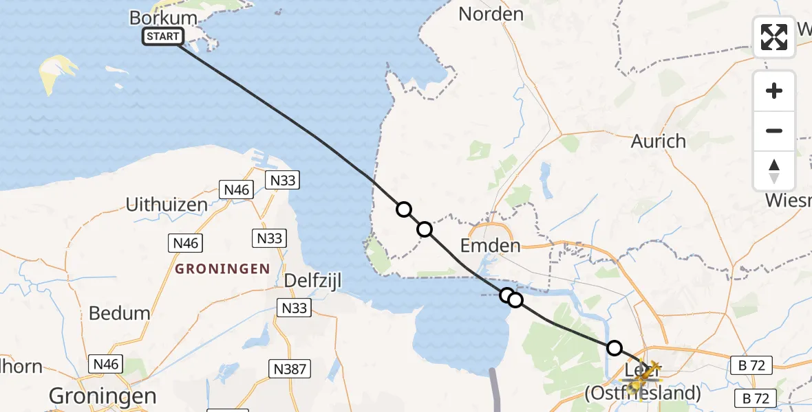 Flugroute Ambulanzhubschrauber Noordzee - Leer (Ostfriesland), 26 Juli 2026, 14:24