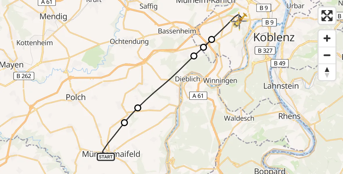 Flugroute Rettungshubschrauber Münstermaifeld - Koblenz, 26 Juli 2026, 14:25