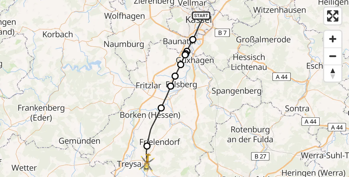 Flugroute Rettungshubschrauber Kassel - Schwalmstadt, 26 Juli 2026, 14:26
