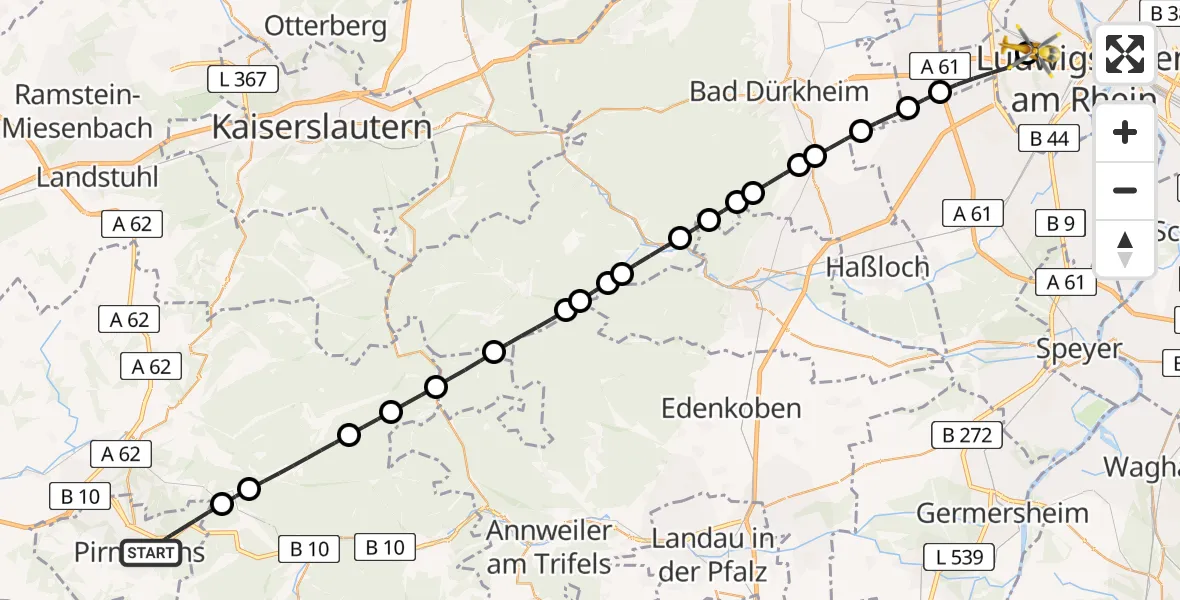 Flugroute Rettungshubschrauber Pirmasens - Ludwigshafen Accident Hospital, 26 Juli 2026, 14:27