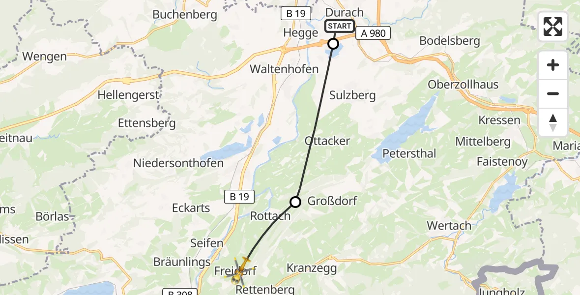Flugroute Rettungshubschrauber Kempten-Durach Flugplatz - Rettenberg, 26 Juli 2026, 14:29