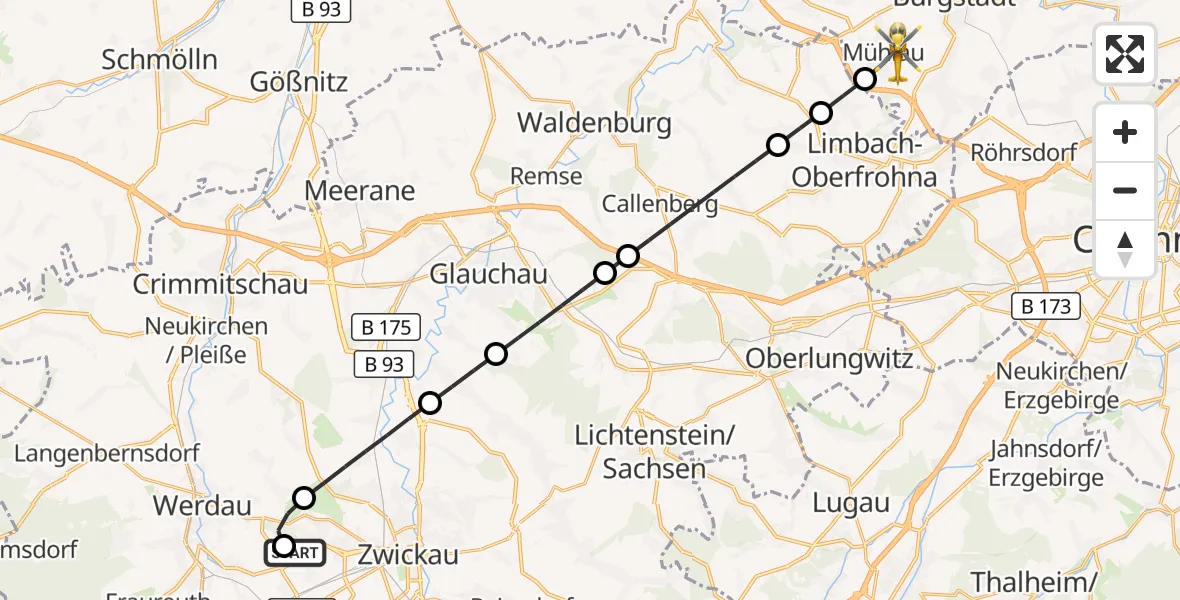 Flugroute Rettungshubschrauber ADAC Air Rescue Station Zwickau Hubschrauberlandeplatz - Mühlau, 26 Juli 2026, 14:34
