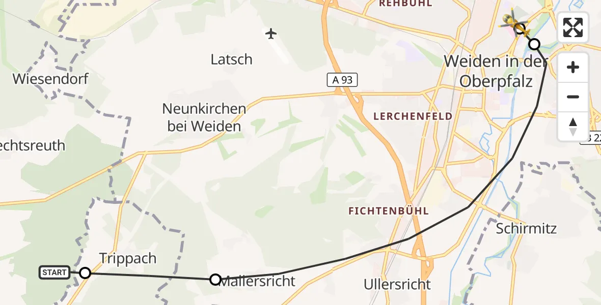Flugroute Ambulanzhubschrauber Mantel - Weiden Hospital, 26 Juli 2026, 14:37