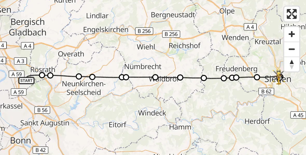 Flugroute Rettungshubschrauber Köln Bonn Flughafen - Marien Hospital Siegen, 26 Juli 2026, 14:53