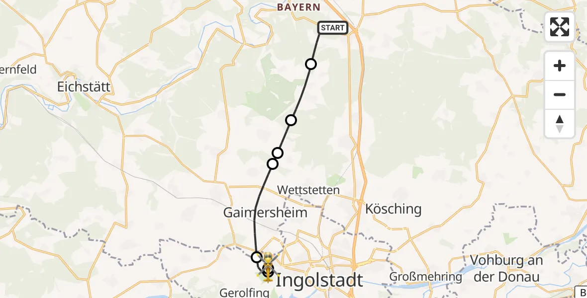 Flugroute Rettungshubschrauber Denkendorf - Ingolstadt Hospital, 26 Juli 2026, 14:53