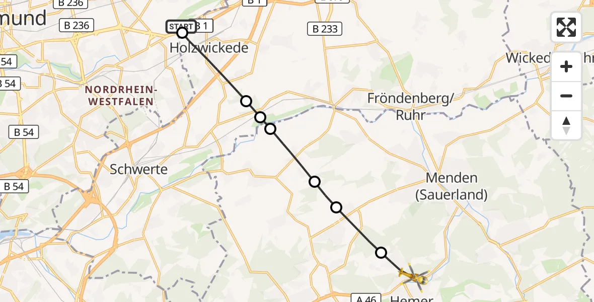 Flugroute Rettungshubschrauber Dortmund Flughafen - Hemer, 26 Juli 2026, 14:54