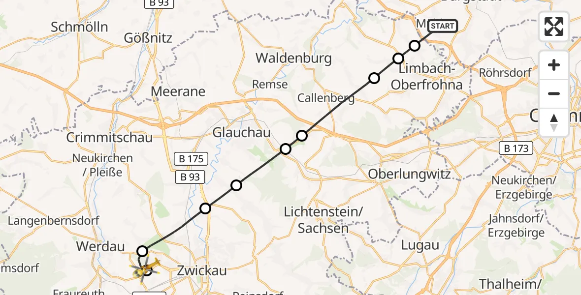 Flugroute Rettungshubschrauber Mühlau - ADAC Air Rescue Station Zwickau Hubschrauberlandeplatz, 26 Juli 2026, 14:57