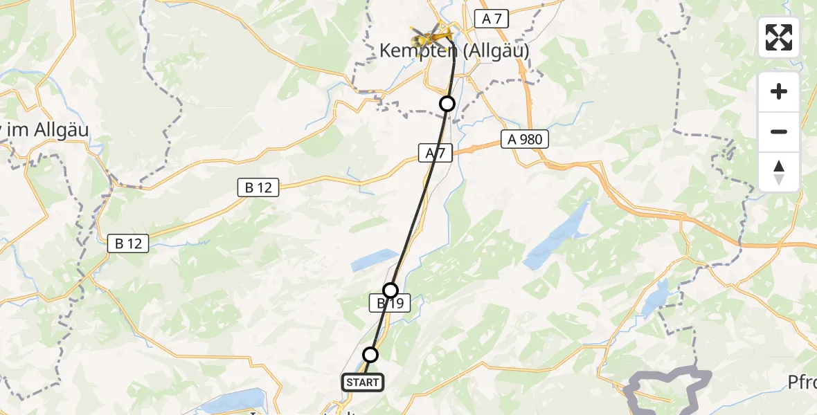 Flugroute Rettungshubschrauber Rettenberg - Kempten (Allgäu), 26 Juli 2026, 14:59