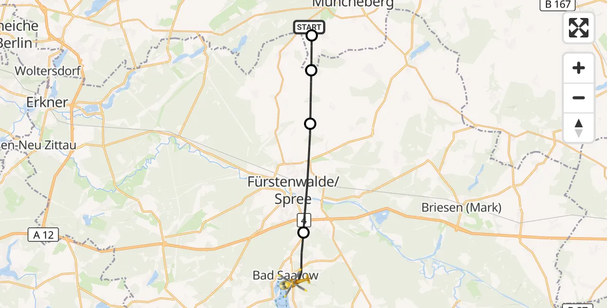Flugroute Rettungshubschrauber Müncheberg-Eggersdorf Flugplatz - Bad Saarow, 26 Juli 2026, 15:06
