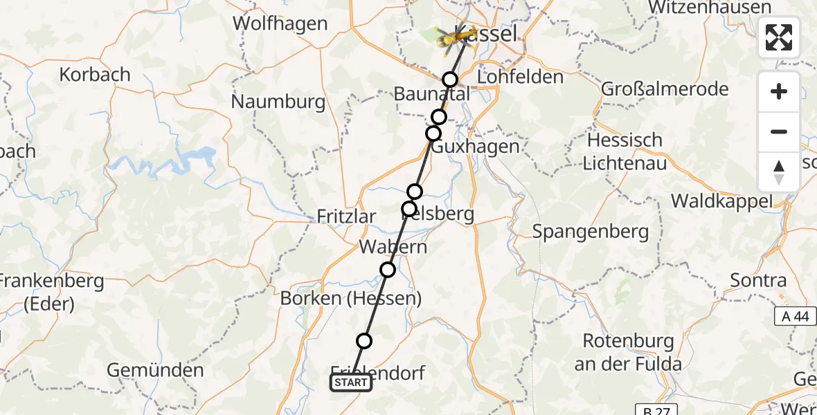 Flugroute Rettungshubschrauber Frielendorf - Kassel, 26 Juli 2026, 15:09