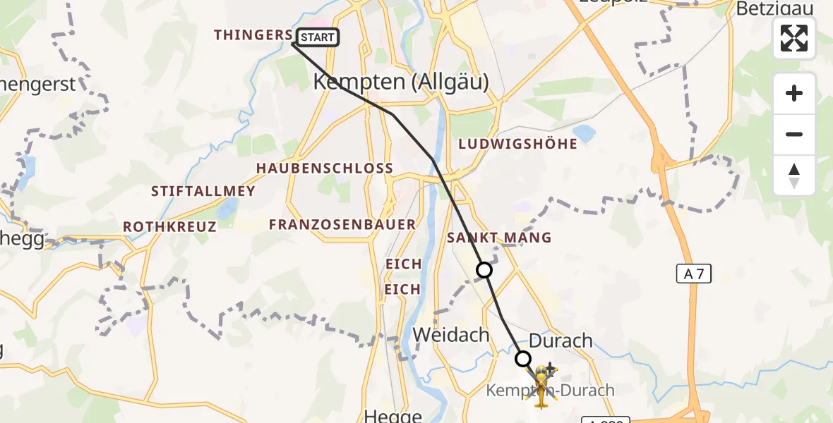 Flugroute Rettungshubschrauber Kempten (Allgäu) - Kempten-Durach Flugplatz, 26 Juli 2026, 15:15