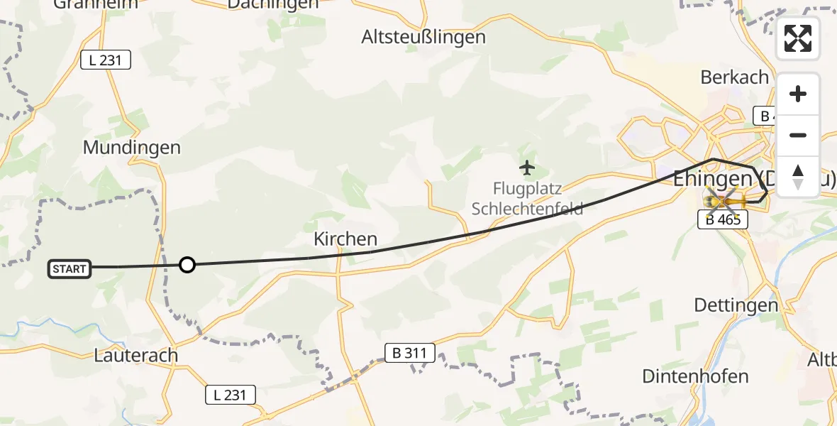 Flugroute Rettungshubschrauber Lauterach - Ehingen (Donau), 26 Juli 2026, 15:16