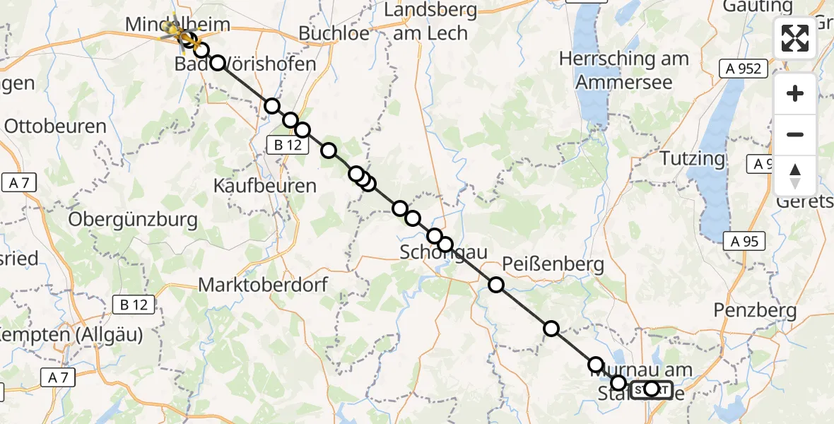 Flugroute Rettungshubschrauber Murnau Accident Hospital - Mindelheim, 26 Juli 2026, 15:20