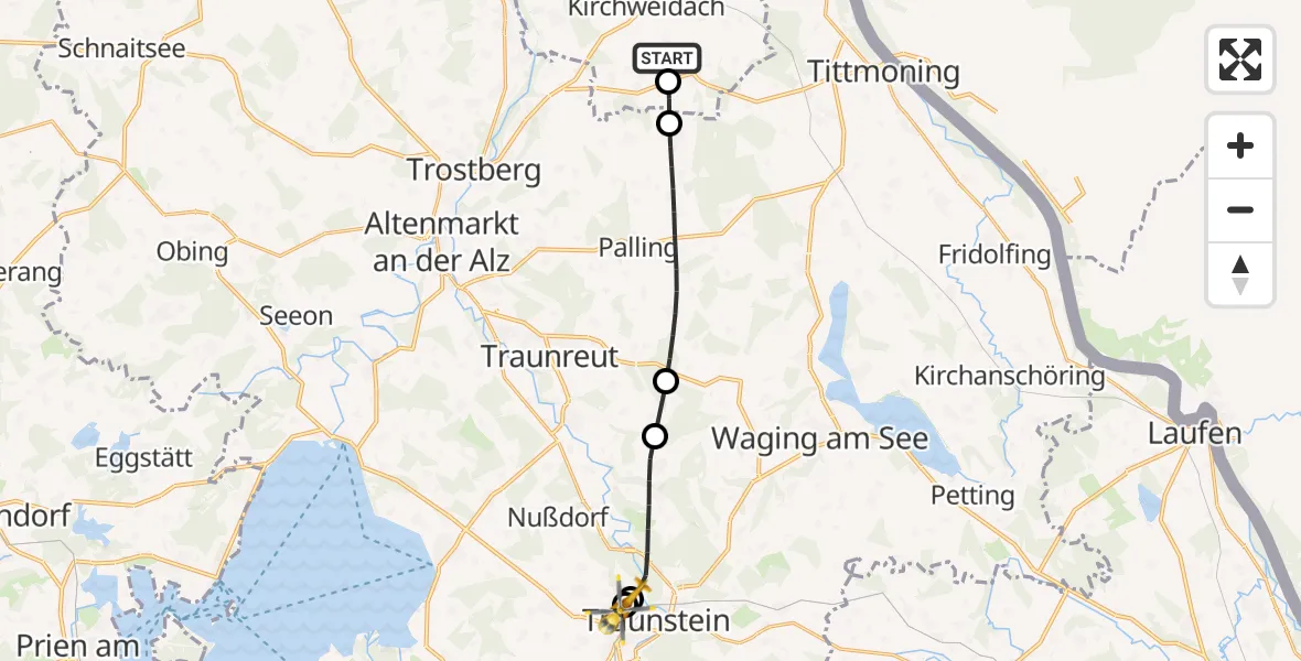 Flugroute Rettungshubschrauber Kirchweidach - Traunstein Hospital, 26 Juli 2026, 15:21