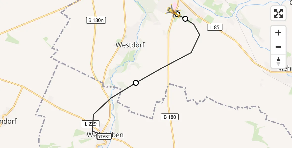 Flugroute Rettungshubschrauber Arnstein - AMEOS Hospital Aschersleben, 26 Juli 2026, 15:28