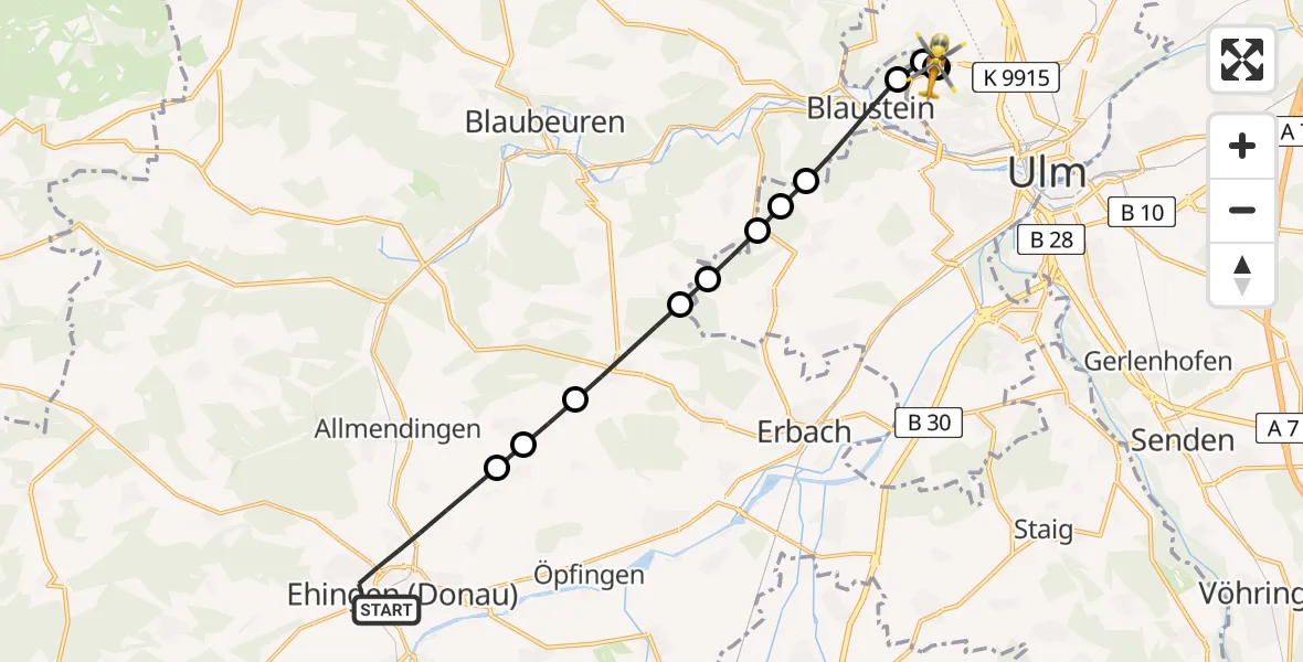 Flugroute Rettungshubschrauber Ehingen (Donau) - ADAC Air Rescue Station Ulm (Christoph 22), 26 Juli 2026, 15:43