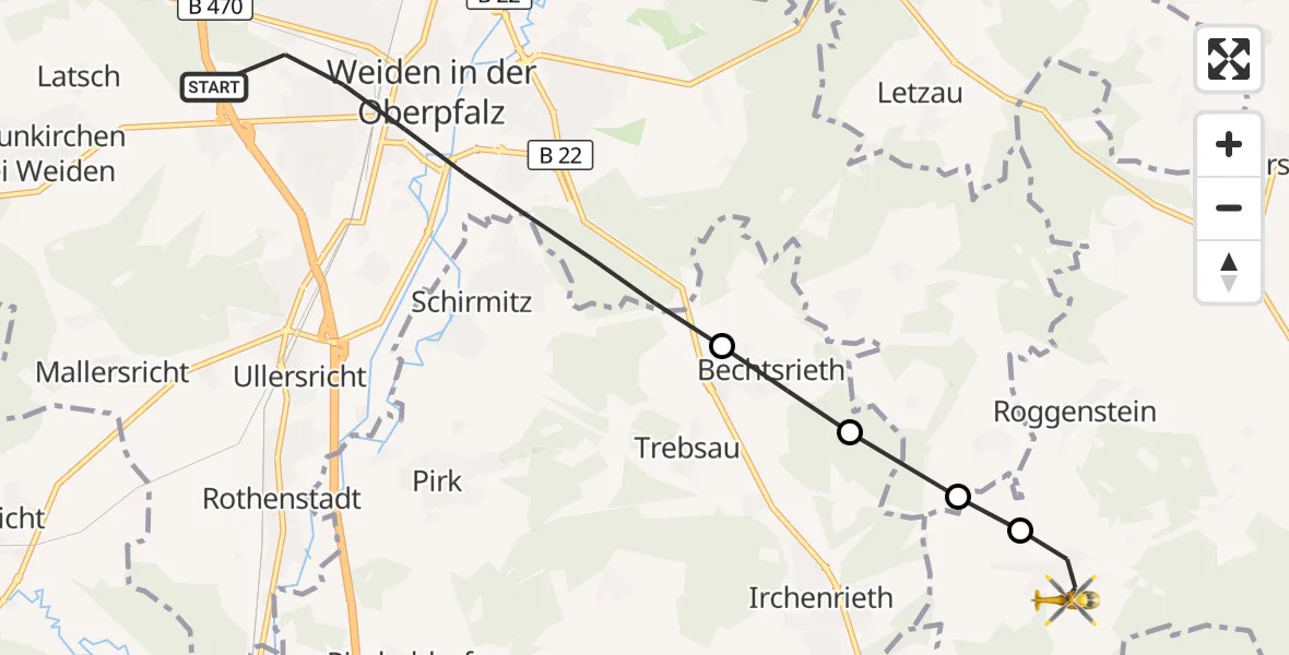 Flugroute Ambulanzhubschrauber Weiden i.d.OPf. - Vohenstrauß, 26 Juli 2026, 15:52