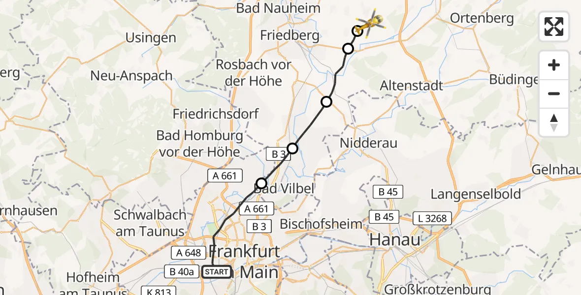 Flugroute Ambulanzhubschrauber Frankfurt am Main - Reichelsheim (Wetterau), 26 Juli 2026, 15:56