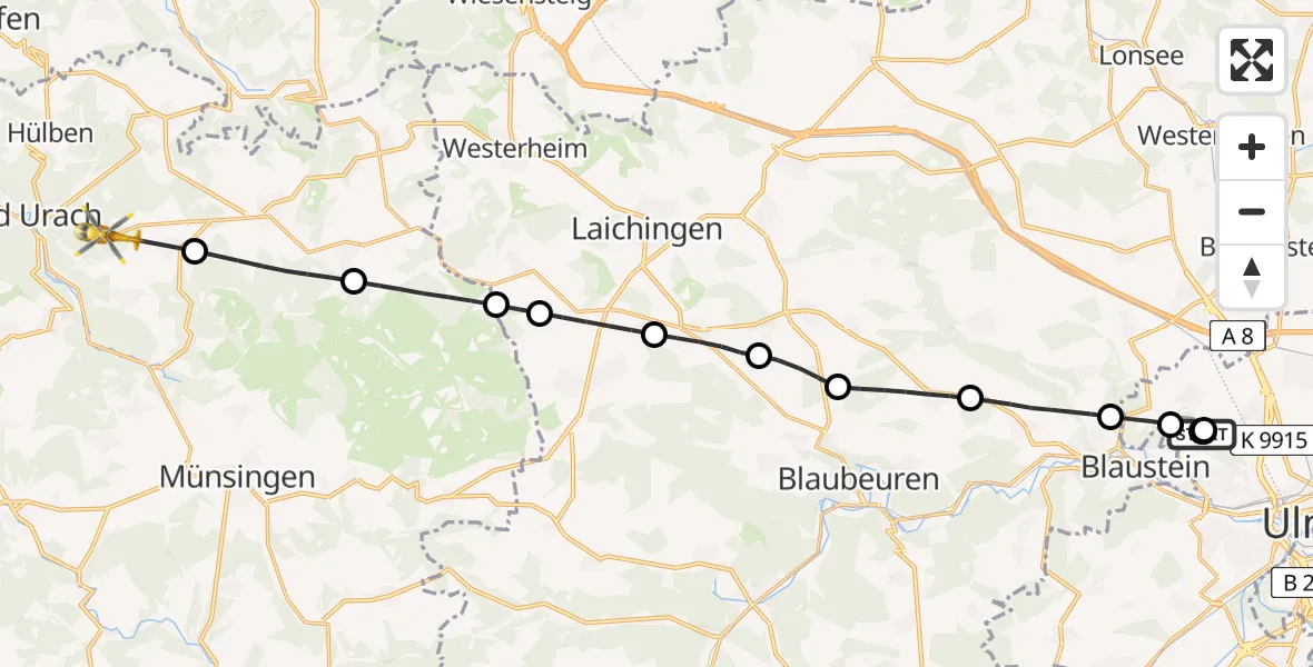 Flugroute Rettungshubschrauber Ulm Military Hospital Emergency - Bad Urach, 26 Juli 2026, 16:05