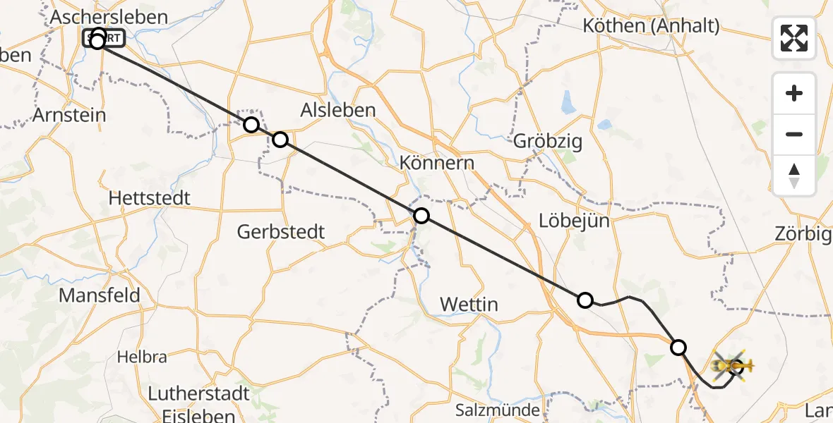 Flugroute Rettungshubschrauber AMEOS Hospital Aschersleben - Halle-Oppin Flugplatz, 26 Juli 2026, 16:07