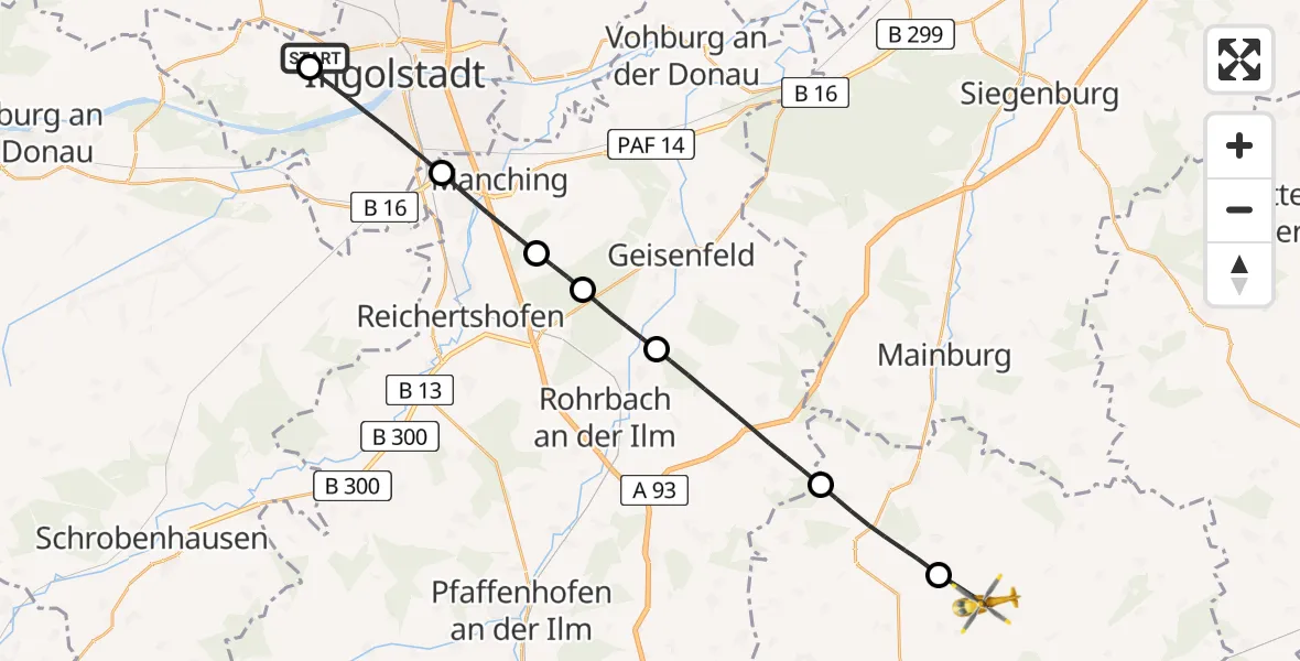 Flugroute Rettungshubschrauber Ingolstadt Hospital - Nandlstadt, 26 Juli 2026, 16:17