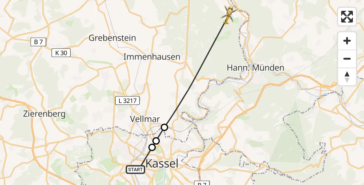 Flugroute Rettungshubschrauber Kassel - Reinhardshagen, 26 Juli 2026, 16:26
