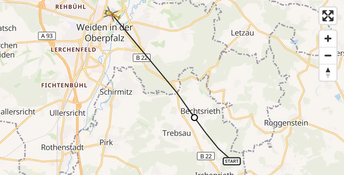 Flugroute Ambulanzhubschrauber Irchenrieth - Weiden Hospital, 26 Juli 2026, 16:29
