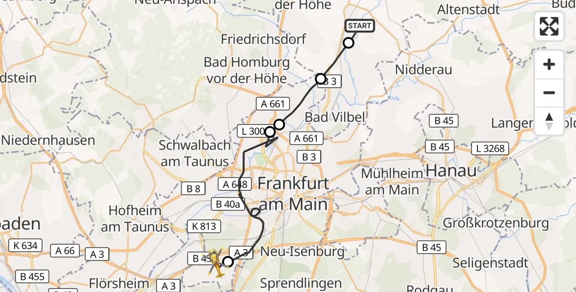 Flugroute Ambulanzhubschrauber Wöllstadt - Frankfurt Flughafen, 26 Juli 2026, 16:32