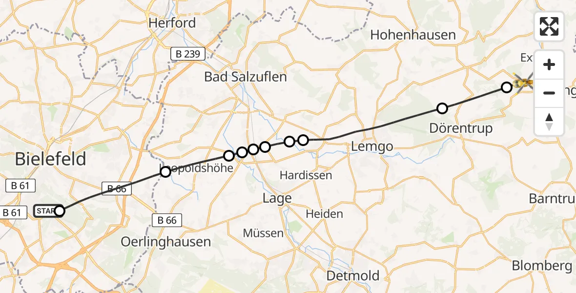Flugroute Rettungshubschrauber Luftrettungszentrum Bielefeld - Extertal, 26 Juli 2026, 16:32