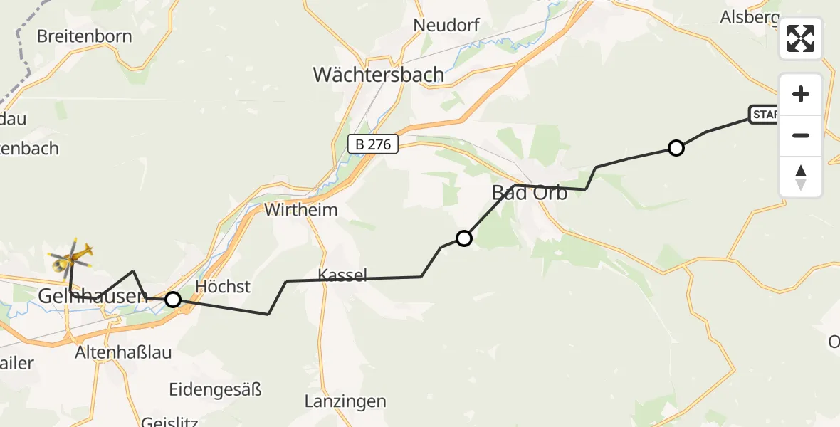 Flugroute Rettungshubschrauber Gutsbezirk Spessart - Gelnhausen, 26 Juli 2026, 16:36