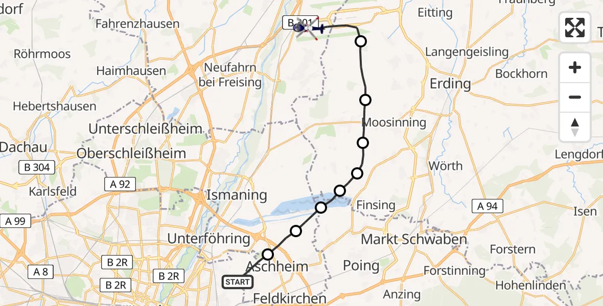 Flugroute Polizeihubschrauber München - München Flughafen, 26 Juli 2026, 16:39