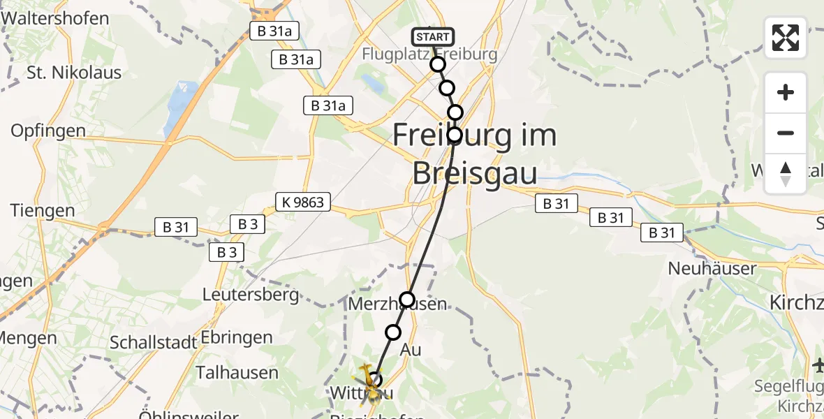 Flugroute Ambulanzhubschrauber Freiburg im Breisgau Flugplatz - Wittnau, 26 Juli 2026, 16:45
