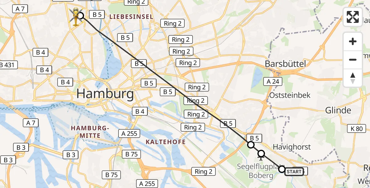 Flugroute Ambulanzhubschrauber Christoph Hansa ADAC Hubschrauberlandeplatz - Universitätsklinikum Hamburg-Eppendorf Hubschrauberlandeplatz, 26 Juli 2026, 16:51