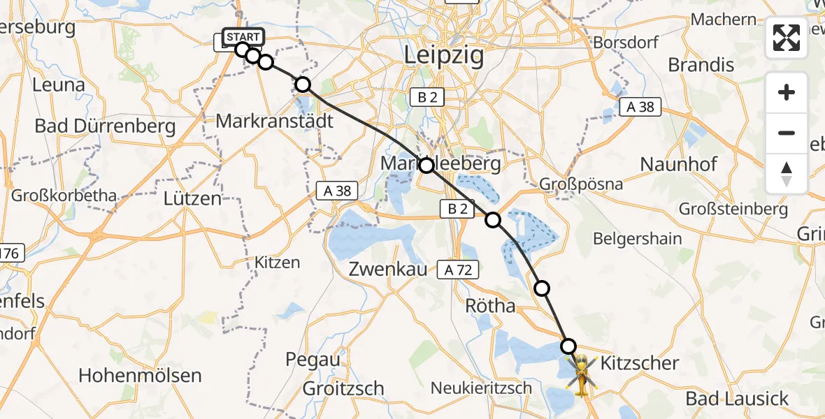 Flugroute Rettungshubschrauber ADAC Air Rescue Station Leipzig/Schkeuditz-Dölzig Hubschrauberlandeplatz (Christoph 61) - Borna, 26 Juli 2026, 16:52