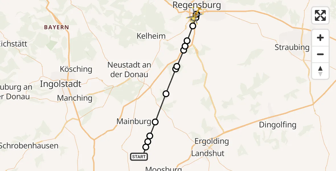 Flugroute Rettungshubschrauber Nandlstadt - DRF Air Rescue Station Regensburg / Regensburg University Hospital, 26 Juli 2026, 17:00