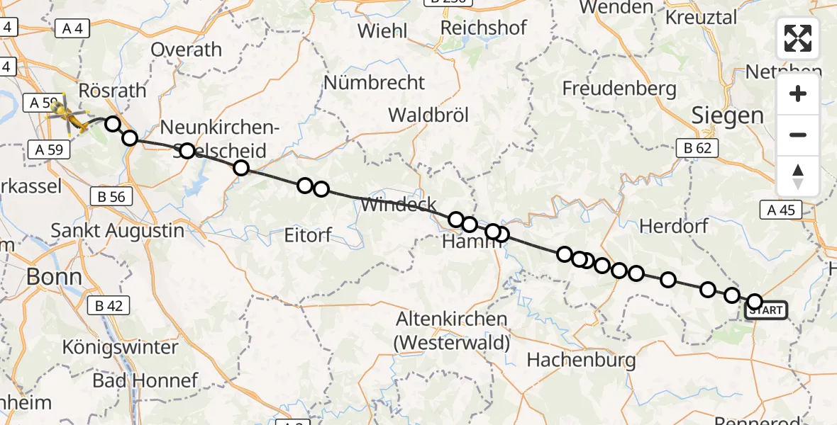 Flugroute Rettungshubschrauber Siegerland Flughafen - Köln Bonn Flughafen, 26 Juli 2026, 17:02
