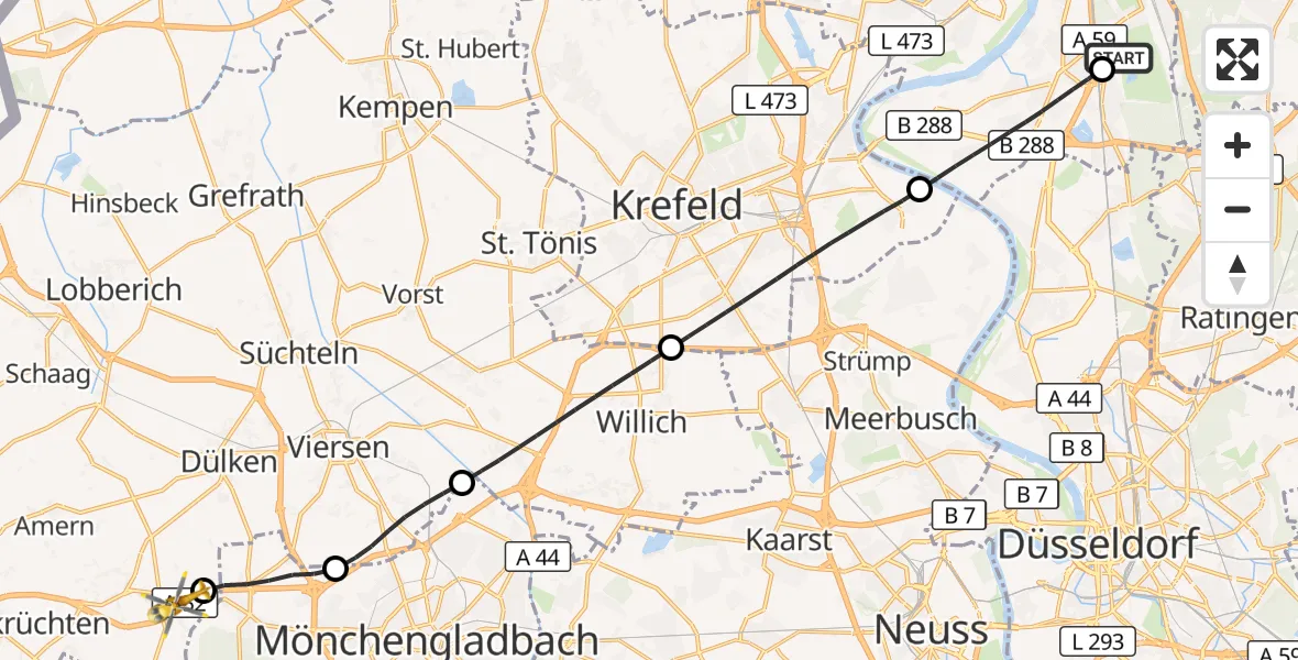 Flugroute Rettungshubschrauber Duisburg Air Rescue Hubschrauberlandeplatz (Christoph 9) - Schwalmtal, 26 Juli 2026, 17:10