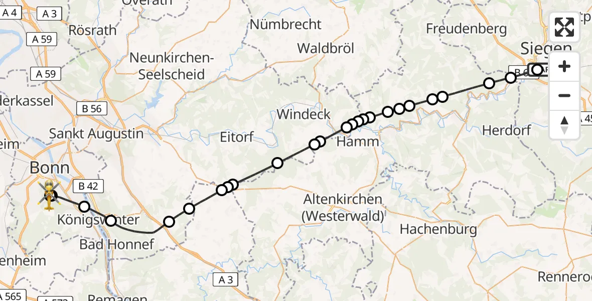 Flugroute Ambulanzhubschrauber Evangelisches Jung-Stilling Hospital - Bonn University Hospital, 26 Juli 2026, 17:14