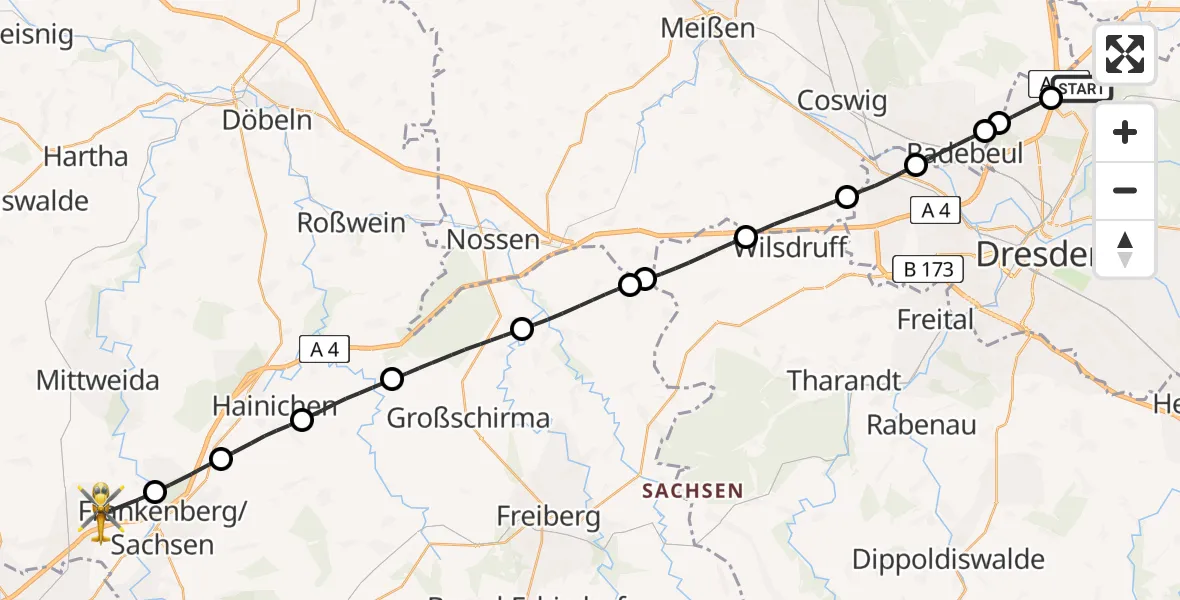 Flugroute Rettungshubschrauber Dresden Flughafen - Lichtenau, 26 Juli 2026, 17:18