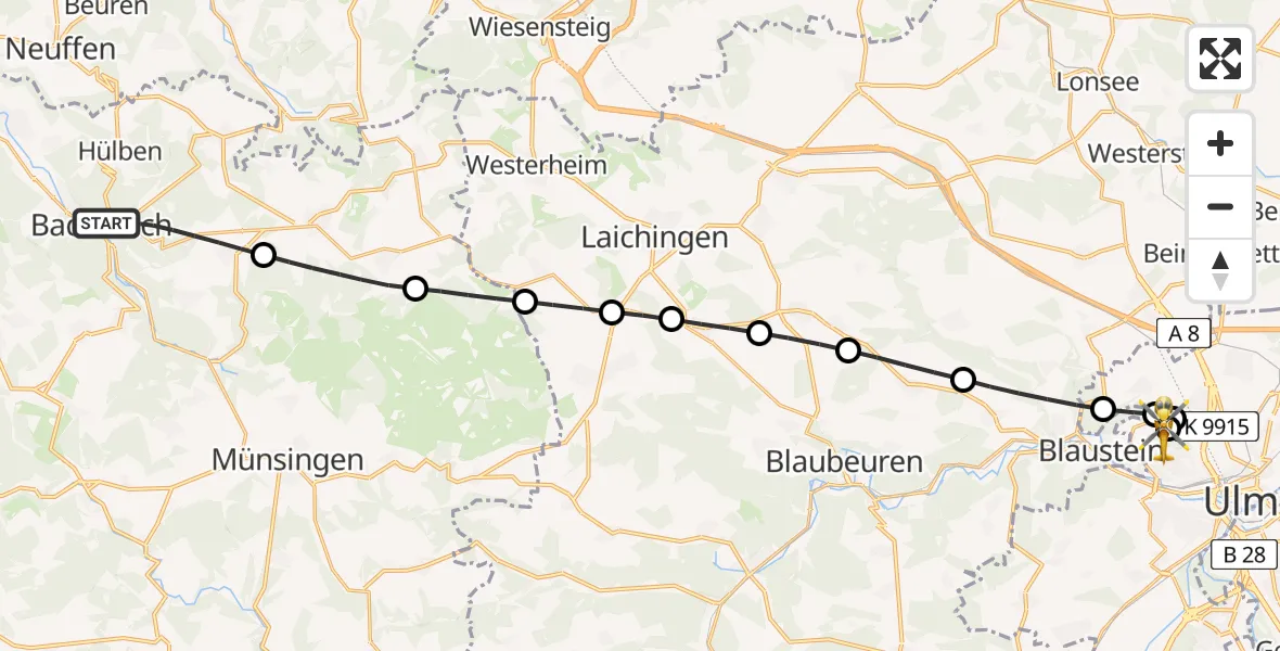Flugroute Rettungshubschrauber Bad Urach - Ulm Military Hospital Emergency Hubschrauberlandeplatz, 26 Juli 2026, 17:21