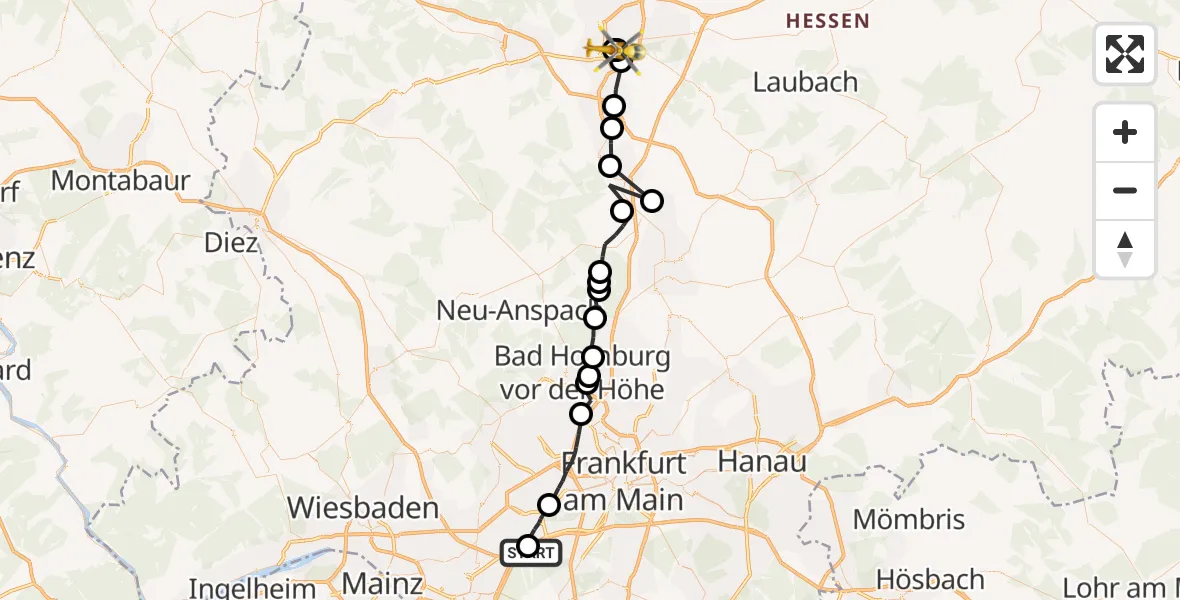 Flugroute Ambulanzhubschrauber Frankfurt Flughafen - Gießen University Hospital, 26 Juli 2026, 17:26