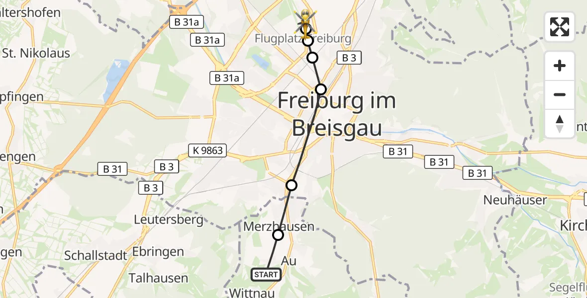 Flugroute Ambulanzhubschrauber Au - Freiburg im Breisgau Flugplatz, 26 Juli 2026, 17:31