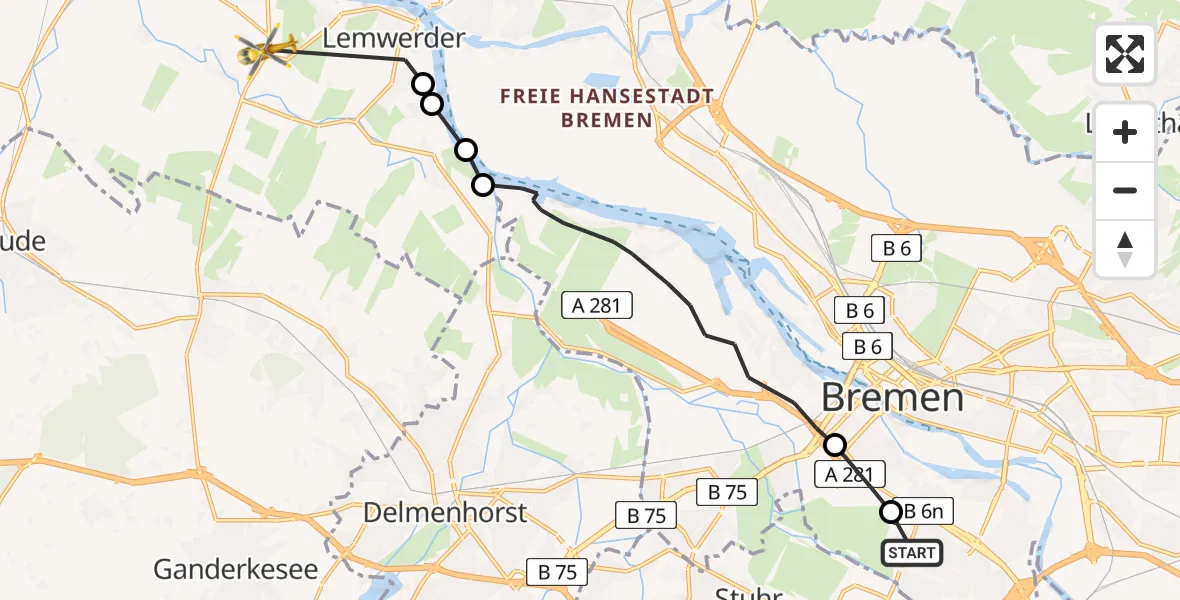 Flugroute Rettungshubschrauber ADAC Air Rescue Station Bremen Hubschrauberlandeplatz (Christoph 6) - Berne, 26 Juli 2026, 17:33